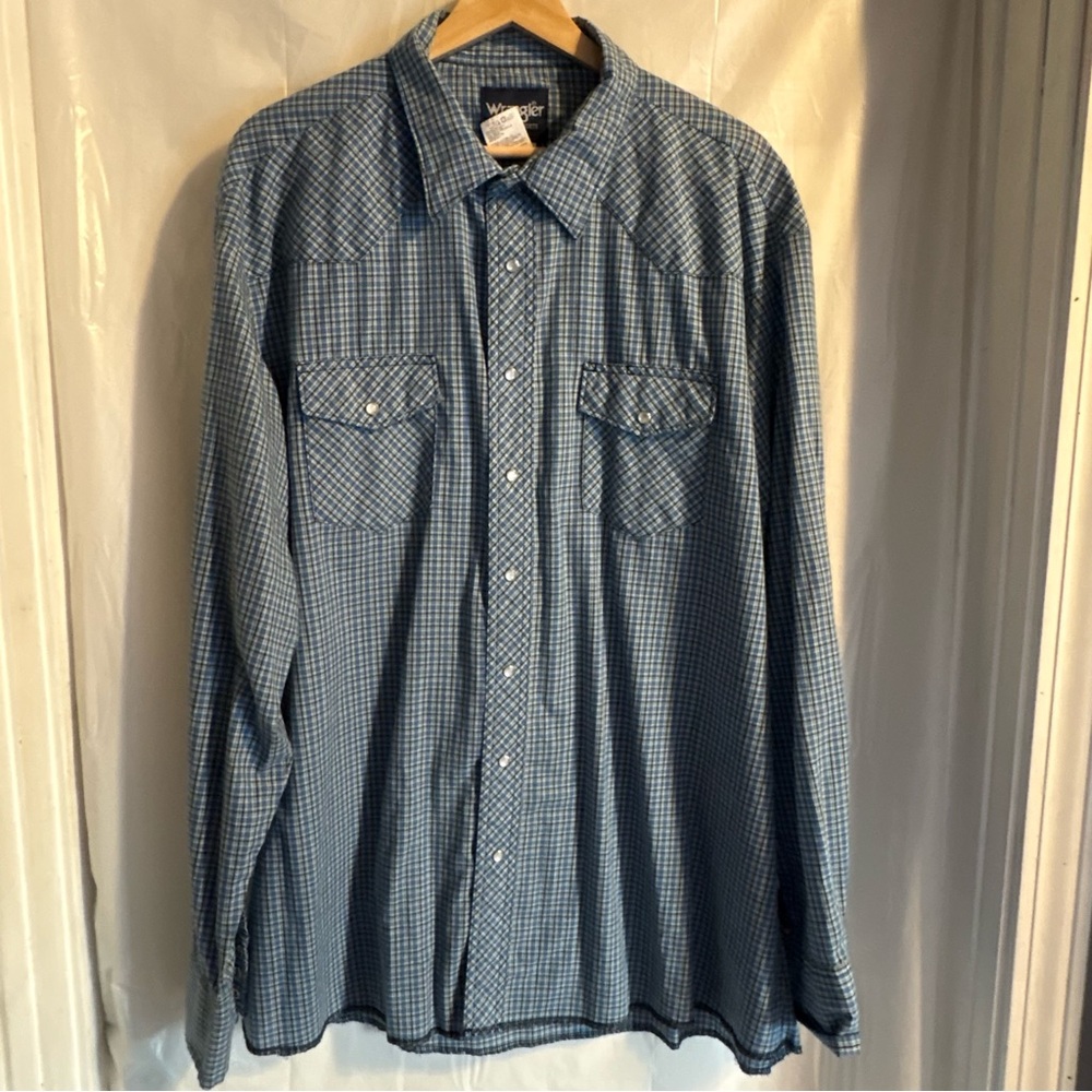 Wrangler Wrancher Men's 2XT Tall Pearl Snap Blue Plaid Long Sleeve Shirt Western